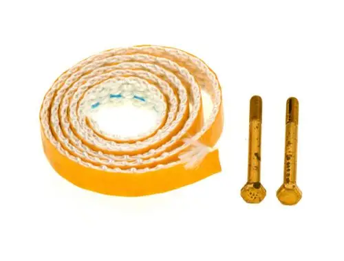 Rund gerolltes Band in orange mit weißem Kern und zwei goldfarbenen Bolzen daneben. Komponenten für Wartungsarbeiten von Bosch.